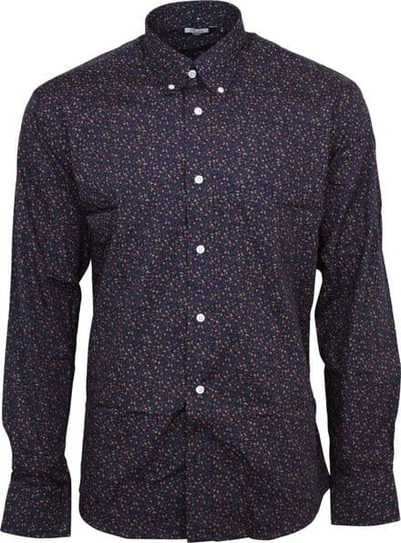 Relco Mens Navy Floral Long Sleeved Button Down Vintage Shirt Mod Retro 