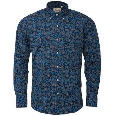 Relco Mens Navy Paisley Style Long Sleeve Shirt Button Down Collar Mod Floral