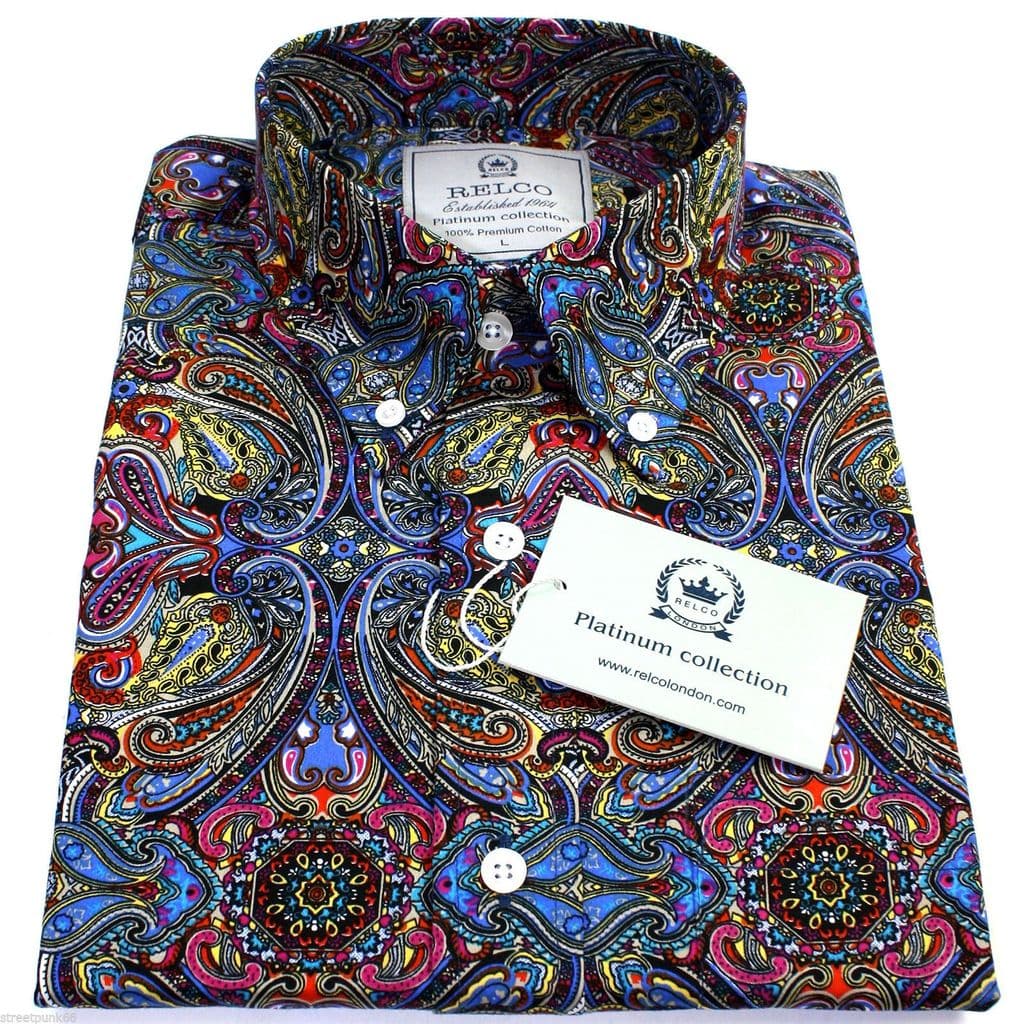 Relco Mens Platinum Multi Paisley Long Sleeved Button Down Shirt Mod ...