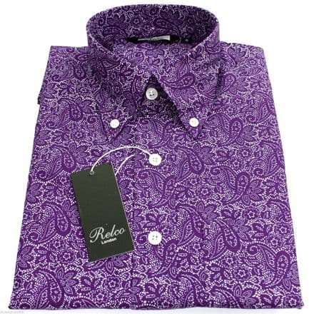 Relco Mens Purple White Paisley Long Sleeved Shirt Mod Skin Retro Indie 60s 70s