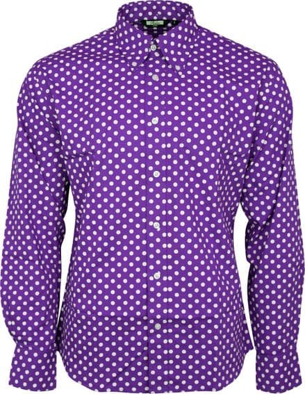 Relco Mens Purple & White Polka Dot Long Sleeved Shirt Mod Skin Retro Indie 60s