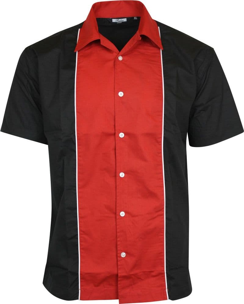 Relco Mens Red & Black Bowling Shirt Rockabilly Retro 50s Club Swing Lounge