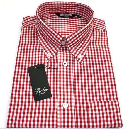Relco Mens Red White Gingham Short Sleeved Shirt Button Down Mod Skin Retro New
