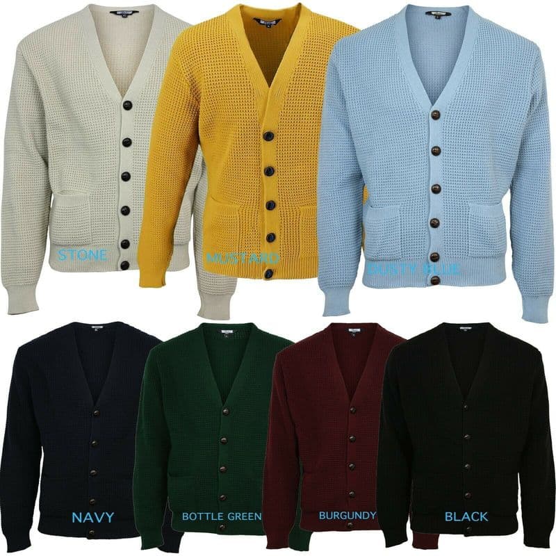 Relco Waffle Knit Cardigan Football Buttons Navy Black Green Burgundy Mustard Dusty Blue & Stone