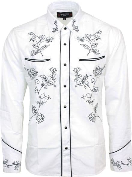 Relco White Black Cowboy Western Line Dancing Flower Embroidered Shirt NEW