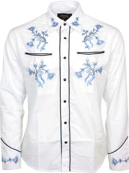 Relco White Blue Cowboy Western Line Dancing Flower Embroidered Shirt NEW