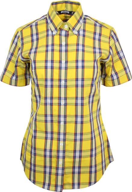 Relco Womens Yellow Blue Tartan Check Short Sleeve Button Down Collar Shirt