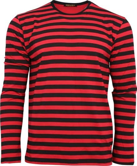 Run & Fly Black and Red Striped Long Sleeved Stripey T-Shirt 60s 70s Retro Indie