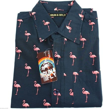 Run & Fly Mens Flamingo Print Short Sleeved Shirt Preppy Prep VTG Retro Indie - 261993323792