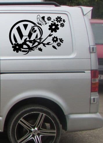 2 x VW Logo With Butterfly & Flowers Stickers - Choice Of Colour