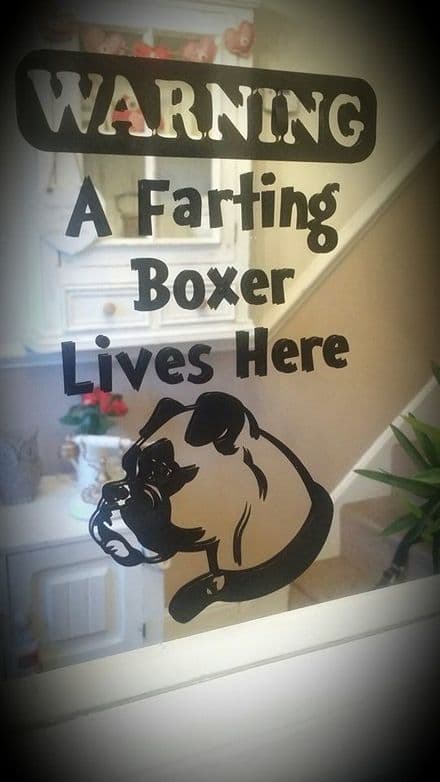 A Farting Boxer Lives Here - Window Door Or Fridge Sticker - Choice Of Colour