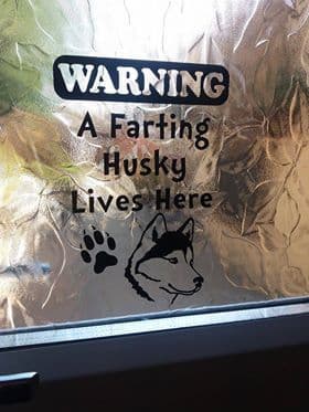 A Farting Husky Lives Here - Window Door Or Fridge Sticker - Choice Of Colour