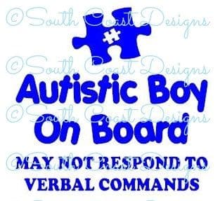 Autistic Boy On Board - May Not Respond -  Choice Of Colour For Jigsaw Piece & Writing