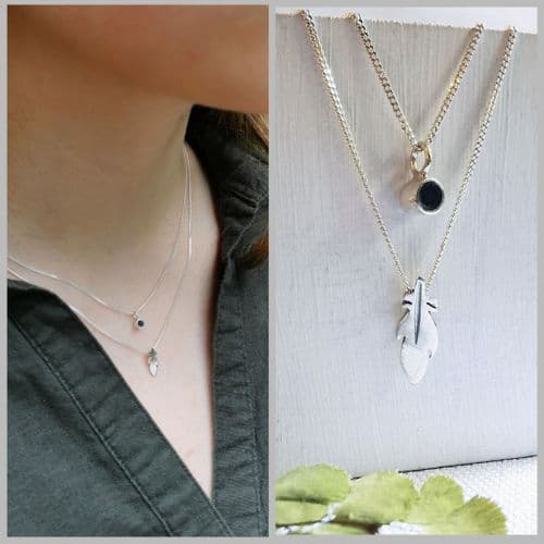 Feather and Tiny Memory Item Double Necklace Pendant