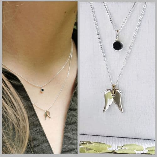 Silver and 9ct Gold Angel Wings and Memory Double Necklace Pendant