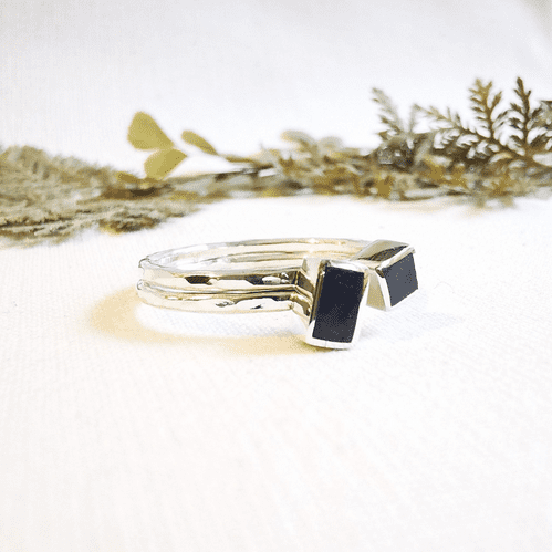 Silver Rectangle and Square Double Memory Ring (With Threads From Pajamas In Photo)
