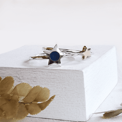 Tiny 9ct Gold Star and Memory Star Stacking Ring (With Threads From Blue Shirt In Photo)