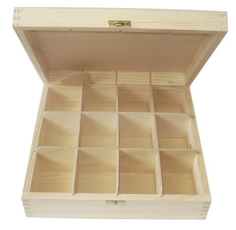 Pine Wood 12 Compartment Tea Box With Clasp