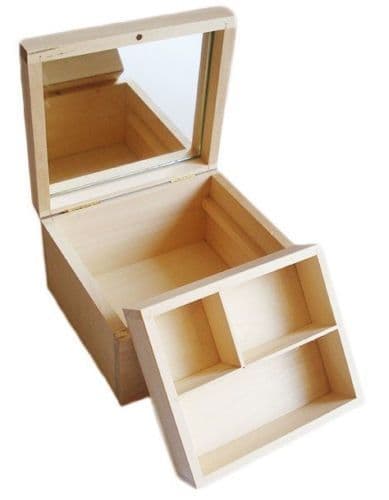 Pine wood jewellery box with removable compartment tray and mirror DD115